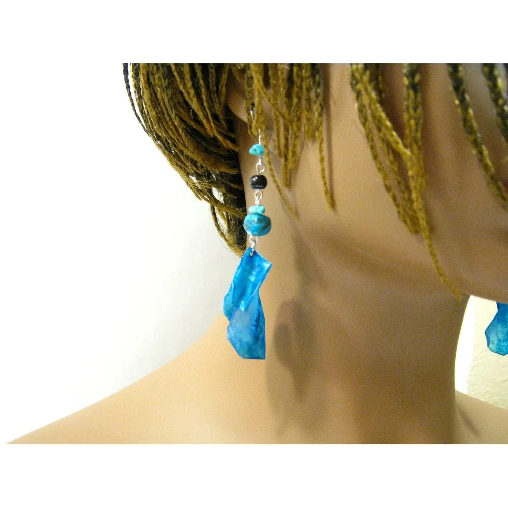 Genuine Turquoise Gemstone Blue Feather style Acrylic Long Drop Earrings 3 inch